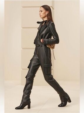 ZARA SRPLS Genuine 100% Sheep Leather Jumpsuit Moto Utility Size L